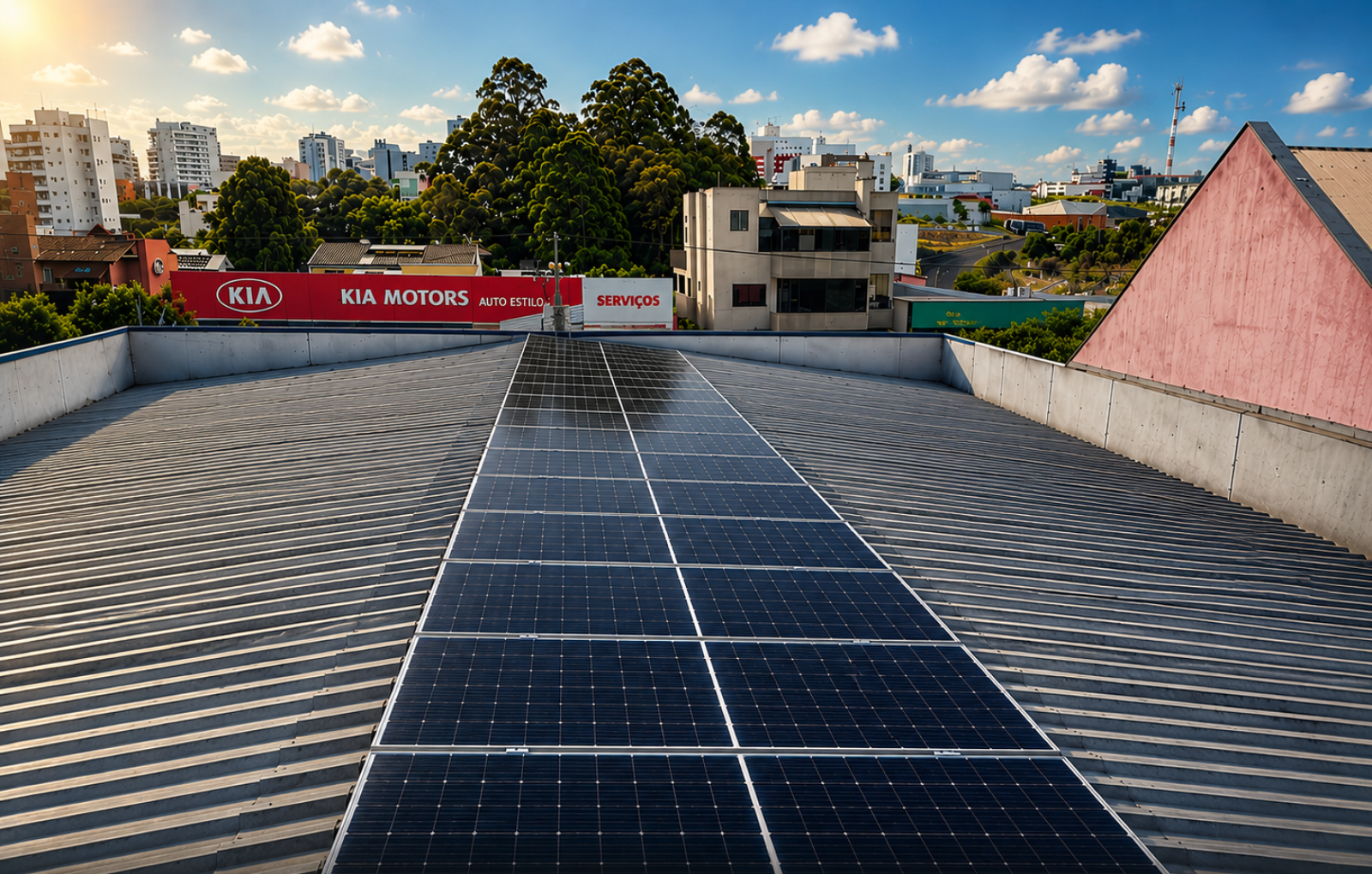 Painéis solares instalados pela LJR no telhado da Fortech Oficina Automotiva